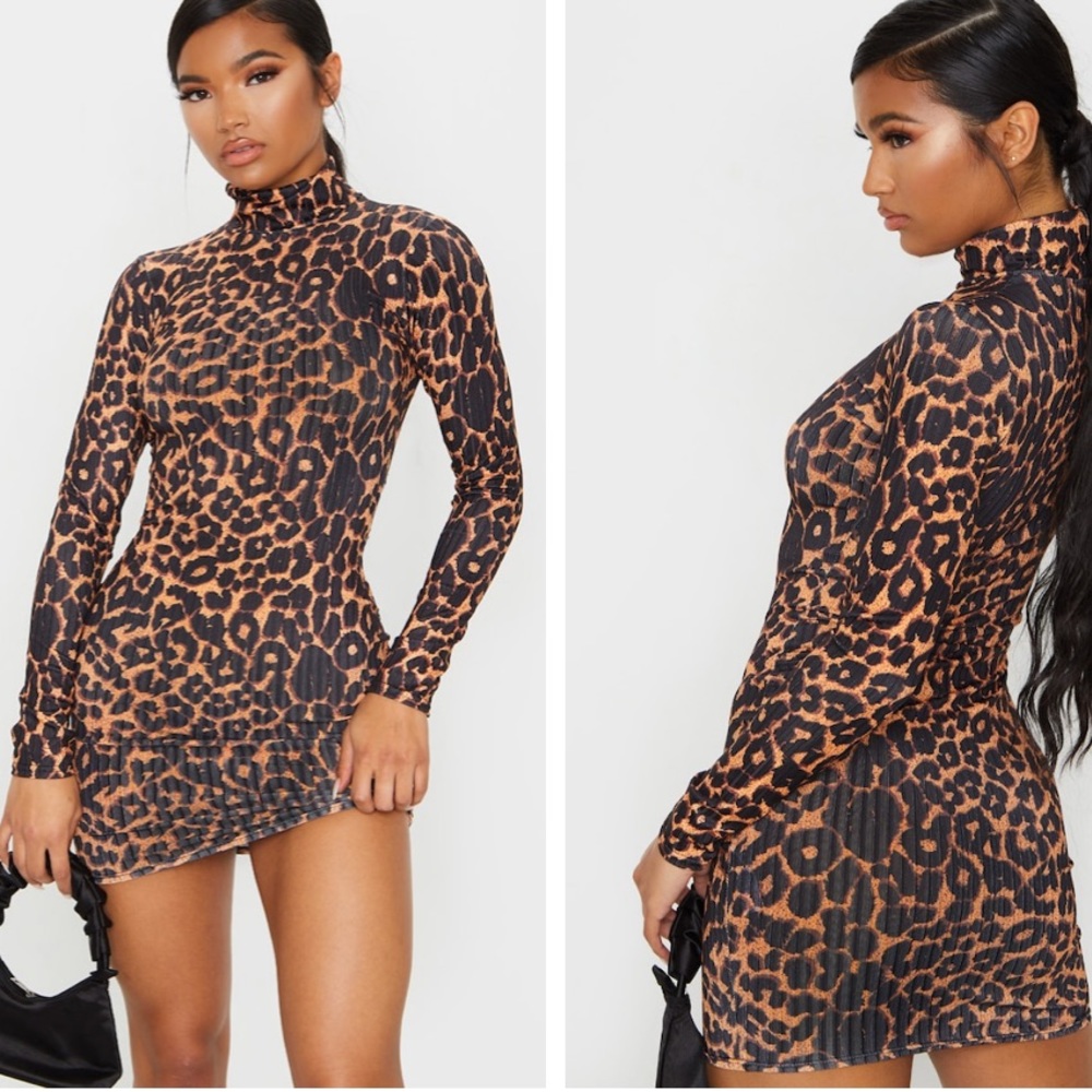 Brown Leopard Print Ribbed Bodycon Dress